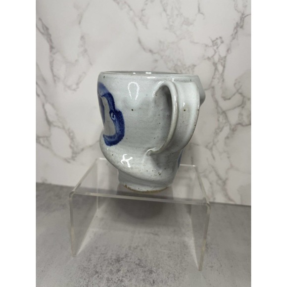 Vintage Blue Grey Salt Glazed Hand Thrown Art Pottery Mug Abstract Signed GR - Picture 4 of 10